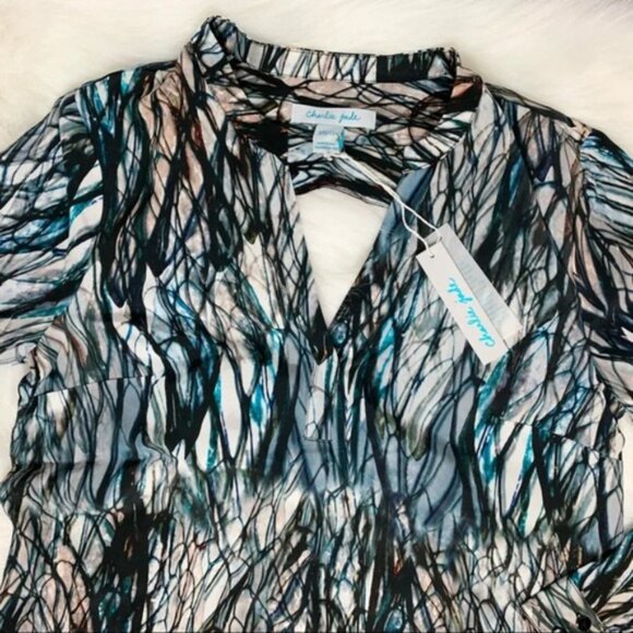 Anthropologie Charlie Jade Blouse Silk Pattern Open Back cut out long sleeve M - Picture 6 of 14